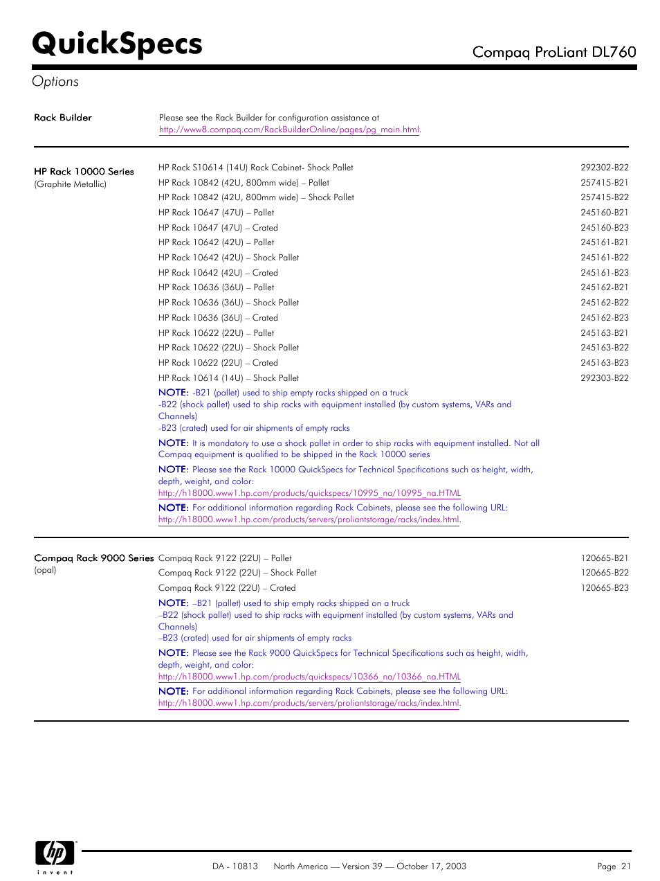 Quickspecs, Compaq proliant dl760, Compaq proliant dl760 options | HP Compaq ProLiant DL760 User Manual | Page 21 / 38