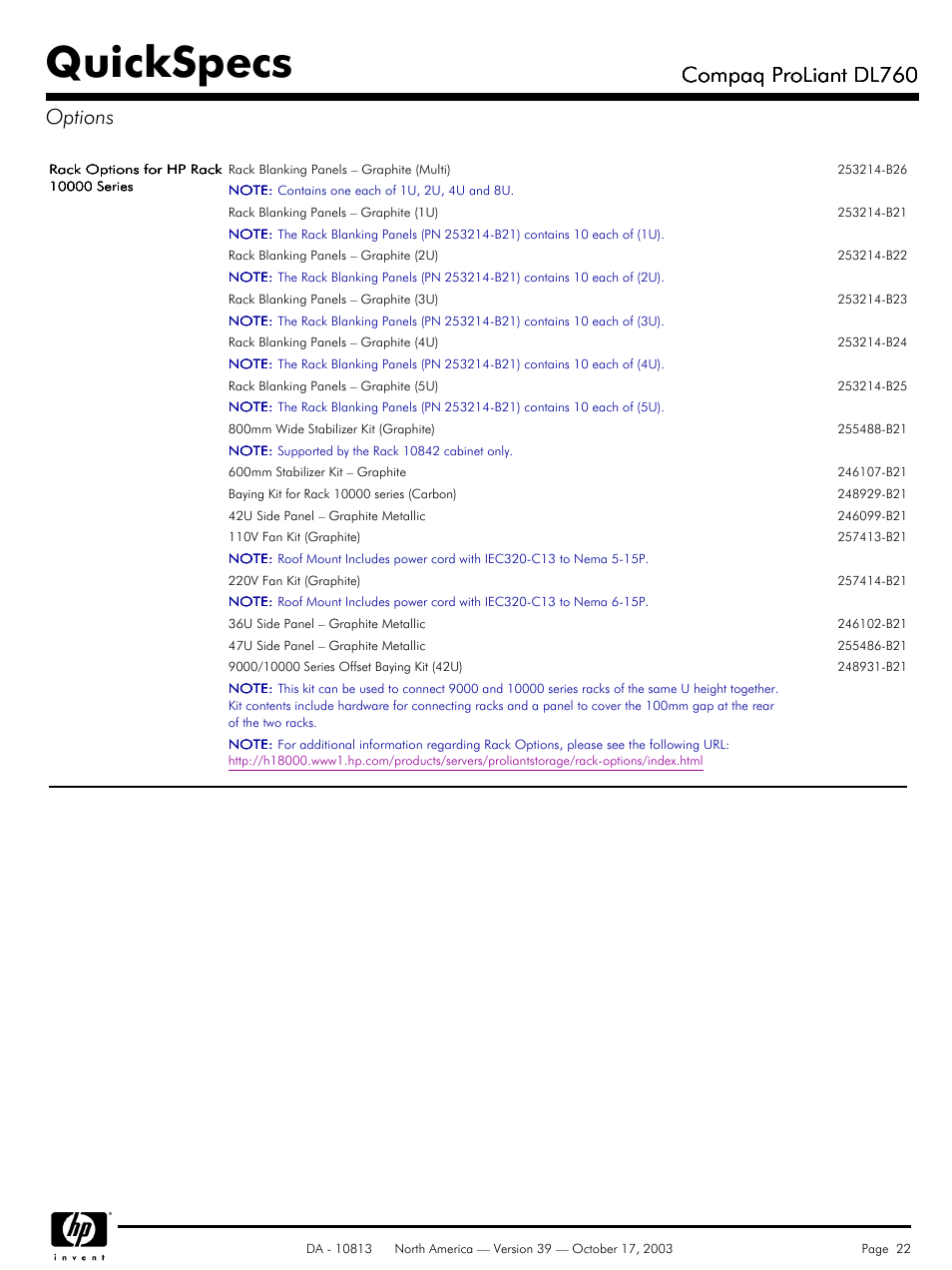 Quickspecs, Compaq proliant dl760, Compaq proliant dl760 options | HP Compaq ProLiant DL760 User Manual | Page 22 / 38