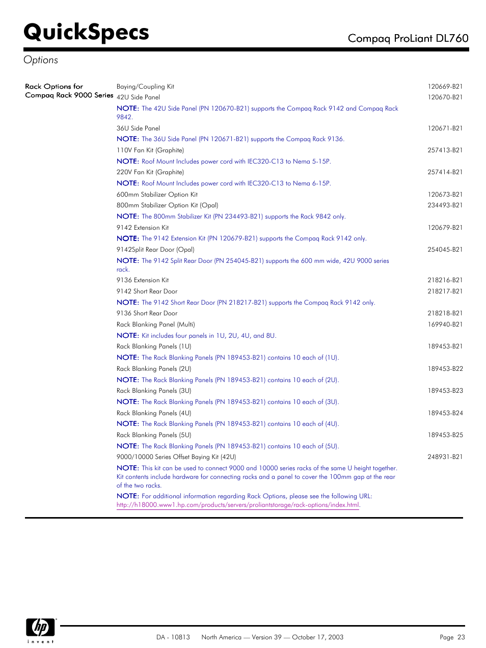 Quickspecs, Compaq proliant dl760, Compaq proliant dl760 options | HP Compaq ProLiant DL760 User Manual | Page 23 / 38