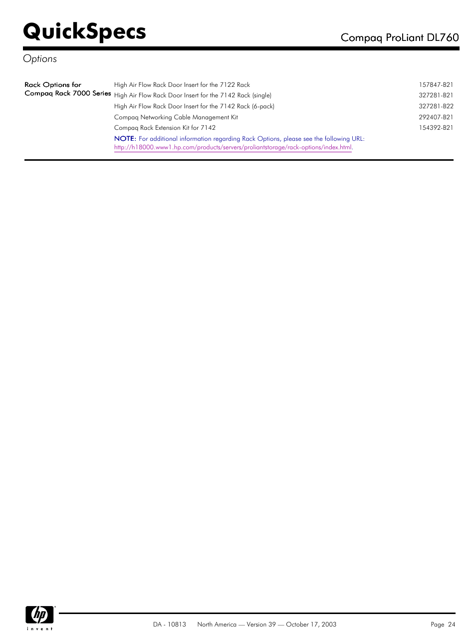 Quickspecs, Compaq proliant dl760, Compaq proliant dl760 options | HP Compaq ProLiant DL760 User Manual | Page 24 / 38