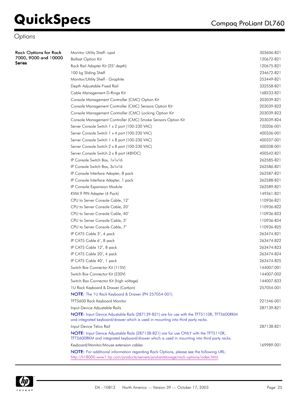 Quickspecs, Compaq proliant dl760, Compaq proliant dl760 options | HP Compaq ProLiant DL760 User Manual | Page 25 / 38