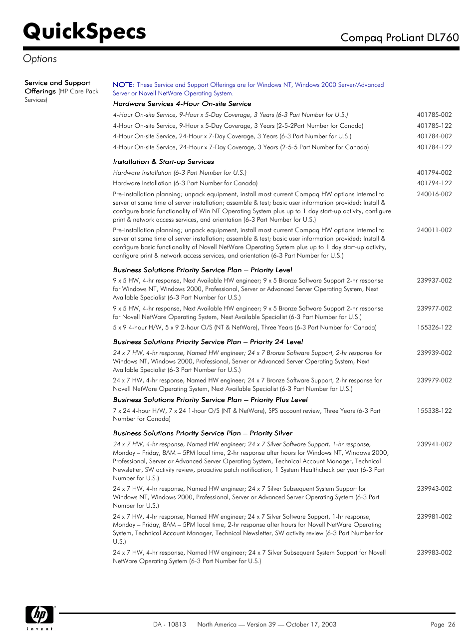 Quickspecs, Compaq proliant dl760, Compaq proliant dl760 options | HP Compaq ProLiant DL760 User Manual | Page 26 / 38