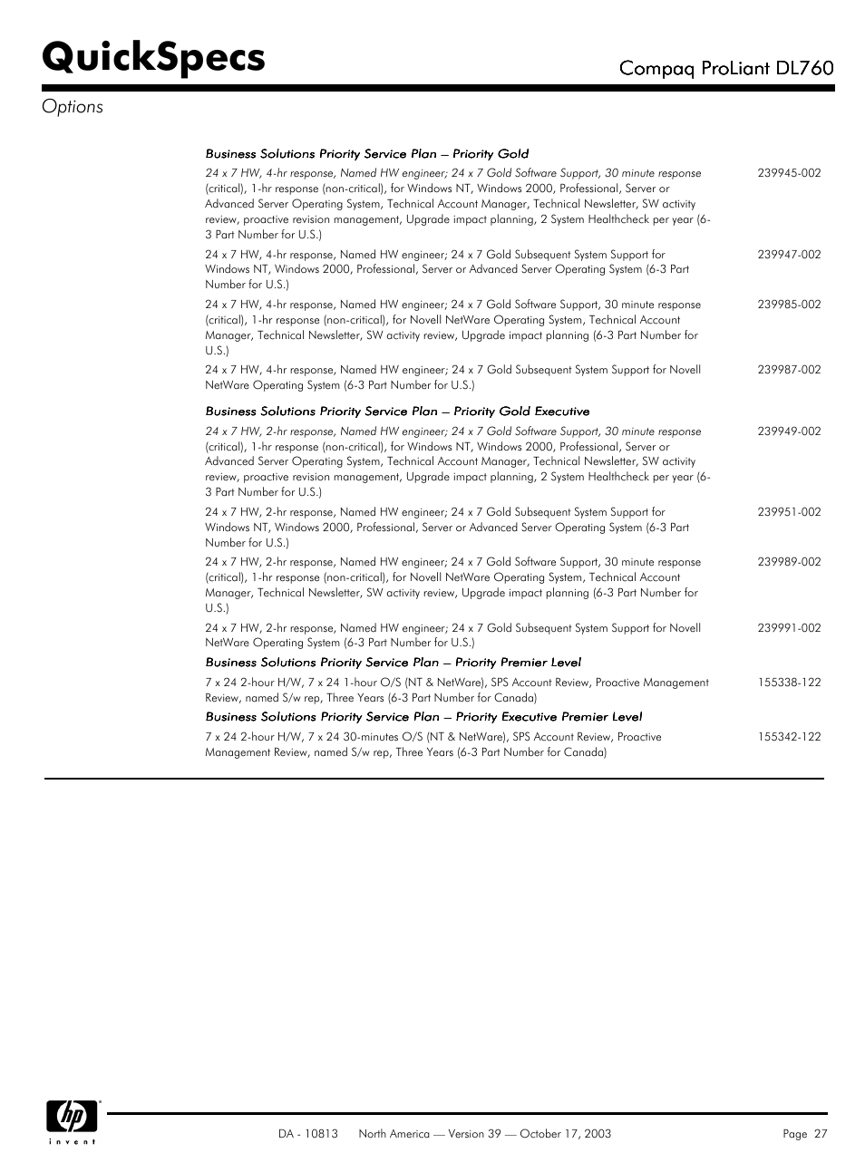 Quickspecs, Compaq proliant dl760, Compaq proliant dl760 options | HP Compaq ProLiant DL760 User Manual | Page 27 / 38