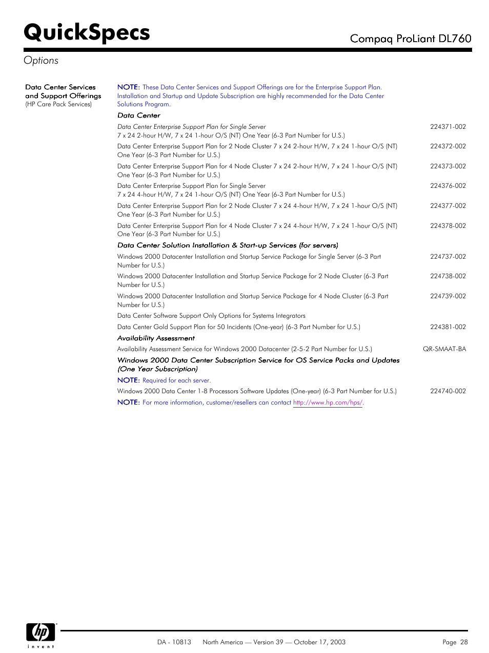 Quickspecs, Compaq proliant dl760, Compaq proliant dl760 options | HP Compaq ProLiant DL760 User Manual | Page 28 / 38