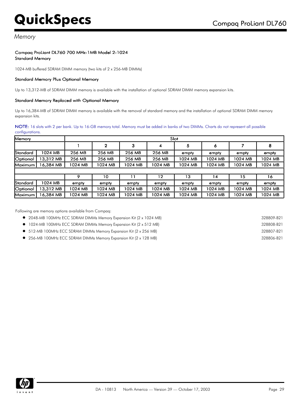 Memory, Quickspecs, Compaq proliant dl760 | HP Compaq ProLiant DL760 User Manual | Page 29 / 38