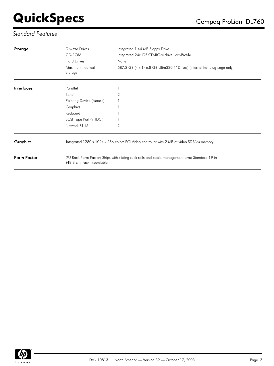 Quickspecs, Compaq proliant dl760, Compaq proliant dl760 standard features | HP Compaq ProLiant DL760 User Manual | Page 3 / 38