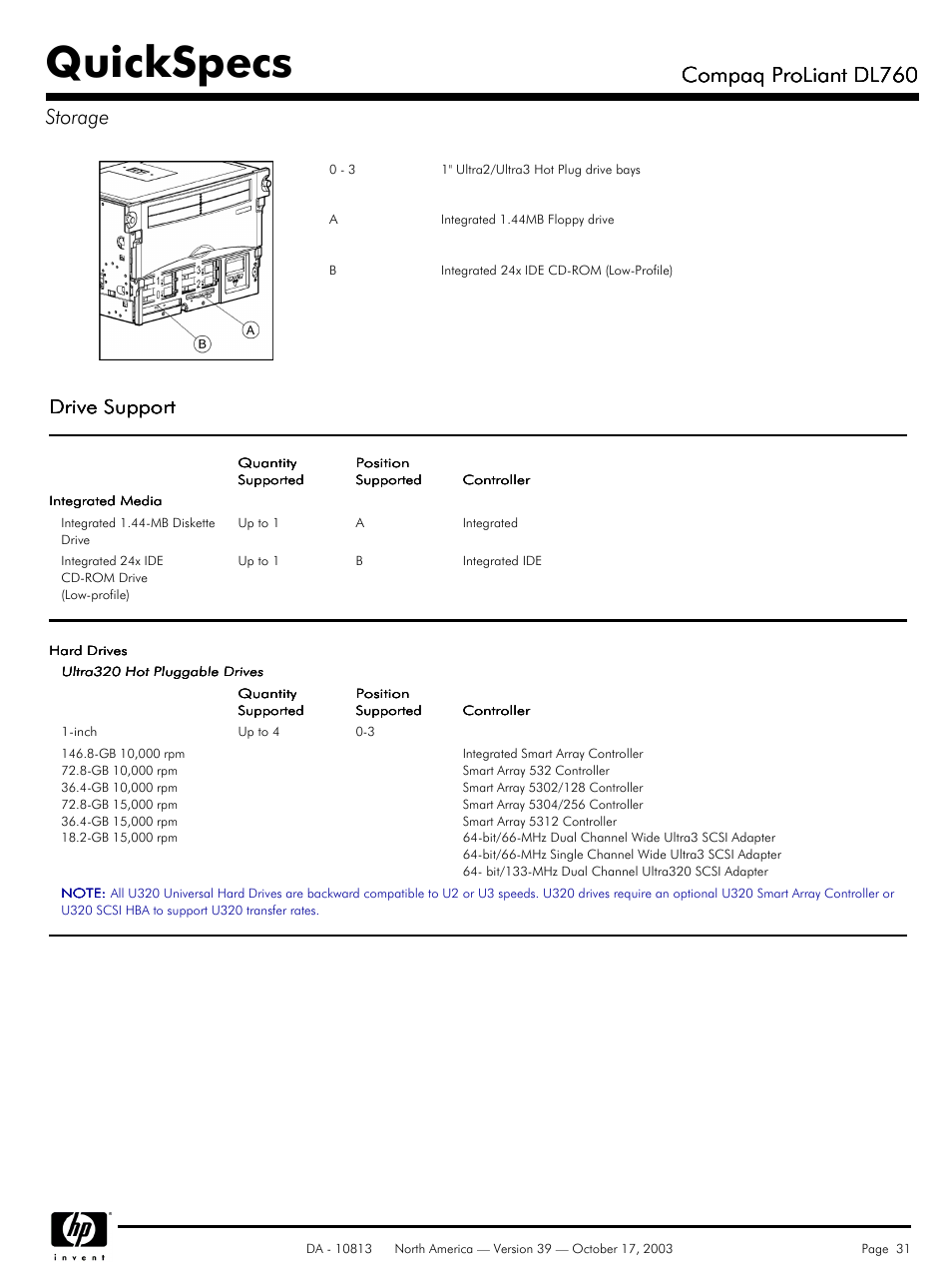 Storage, Quickspecs, Compaq proliant dl760 | Compaq proliant dl760 storage | HP Compaq ProLiant DL760 User Manual | Page 31 / 38