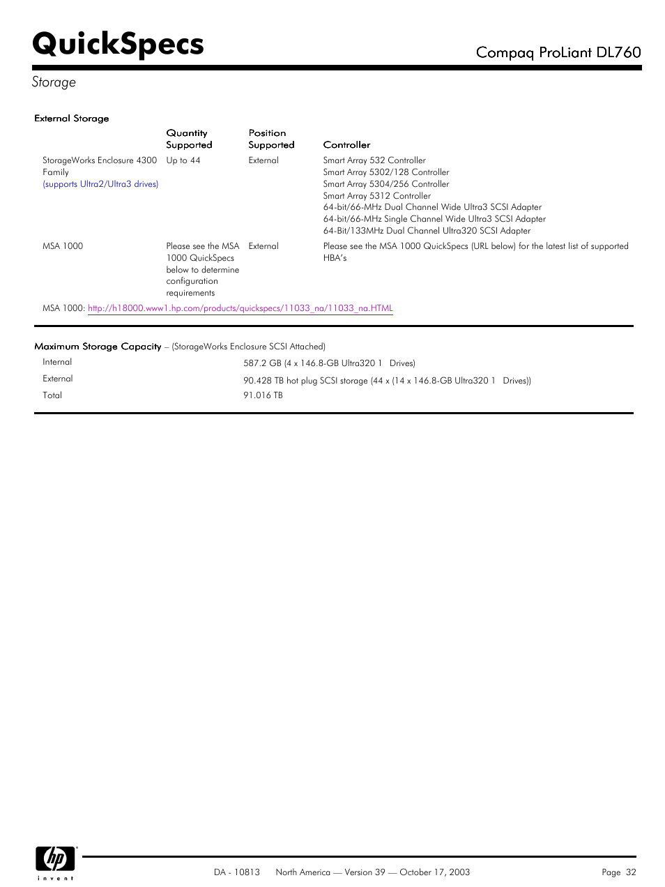 Quickspecs, Compaq proliant dl760, Compaq proliant dl760 storage | HP Compaq ProLiant DL760 User Manual | Page 32 / 38