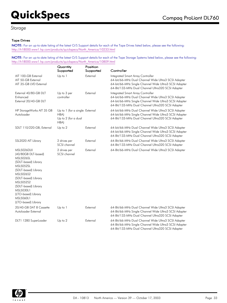 Quickspecs, Compaq proliant dl760, Compaq proliant dl760 storage | HP Compaq ProLiant DL760 User Manual | Page 33 / 38