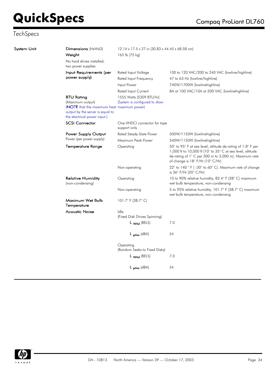 Techspecs, Quickspecs, Compaq proliant dl760 | Compaq proliant dl760 techspecs | HP Compaq ProLiant DL760 User Manual | Page 34 / 38