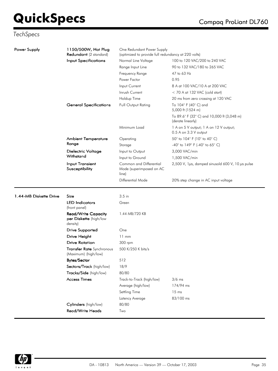 Quickspecs, Compaq proliant dl760, Compaq proliant dl760 techspecs | HP Compaq ProLiant DL760 User Manual | Page 35 / 38