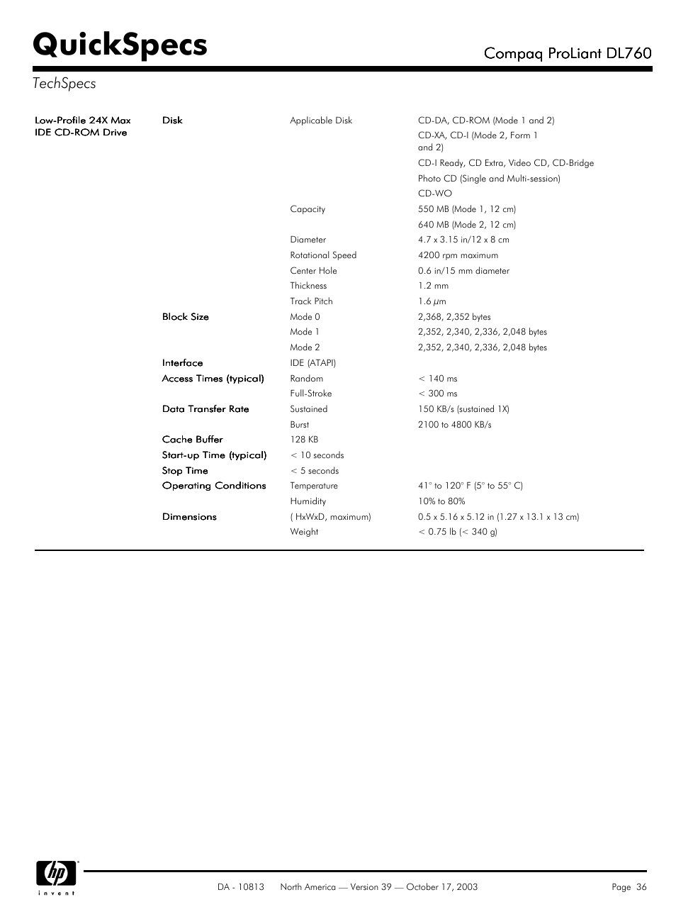Quickspecs, Compaq proliant dl760, Compaq proliant dl760 techspecs | HP Compaq ProLiant DL760 User Manual | Page 36 / 38