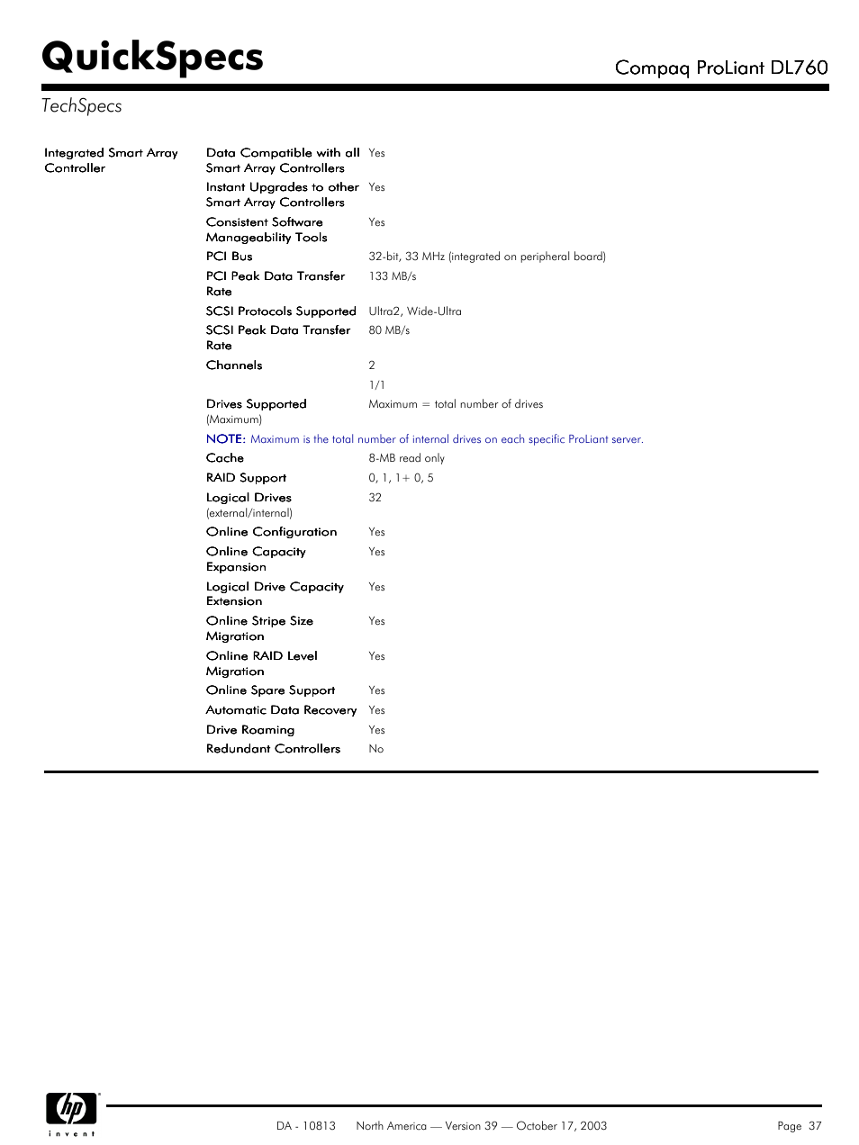 Quickspecs, Compaq proliant dl760, Compaq proliant dl760 techspecs | HP Compaq ProLiant DL760 User Manual | Page 37 / 38