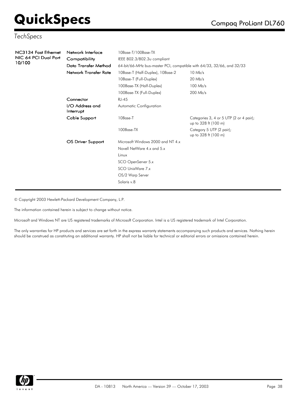 Quickspecs, Compaq proliant dl760, Compaq proliant dl760 techspecs | HP Compaq ProLiant DL760 User Manual | Page 38 / 38