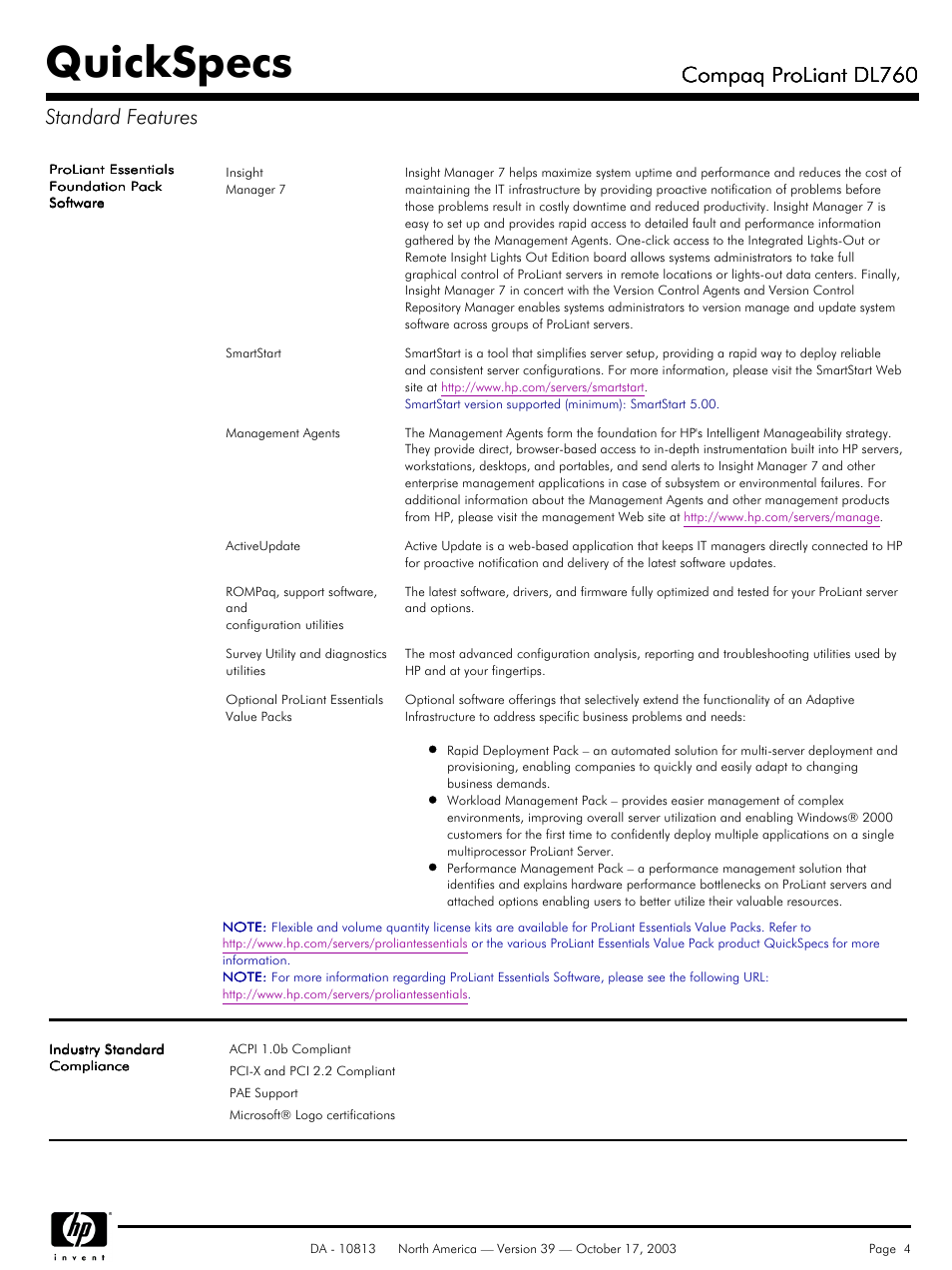 Quickspecs, Compaq proliant dl760, Compaq proliant dl760 standard features | HP Compaq ProLiant DL760 User Manual | Page 4 / 38