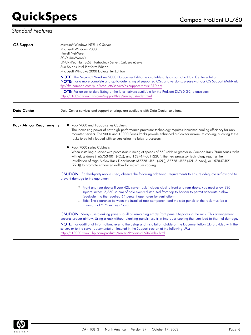 Quickspecs, Compaq proliant dl760, Compaq proliant dl760 standard features | HP Compaq ProLiant DL760 User Manual | Page 6 / 38