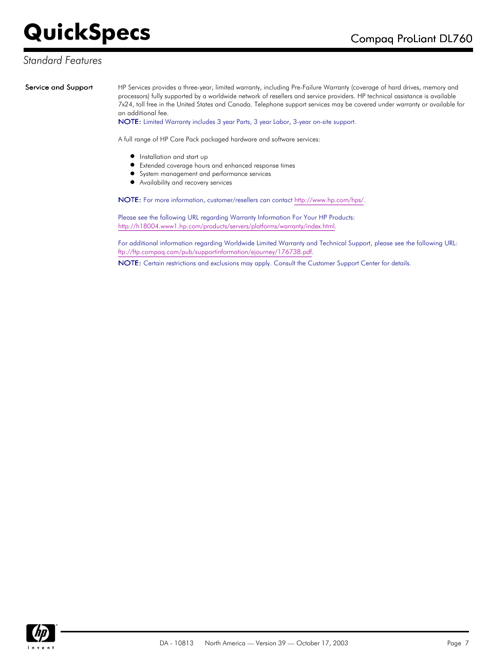 Quickspecs, Compaq proliant dl760, Compaq proliant dl760 standard features | HP Compaq ProLiant DL760 User Manual | Page 7 / 38