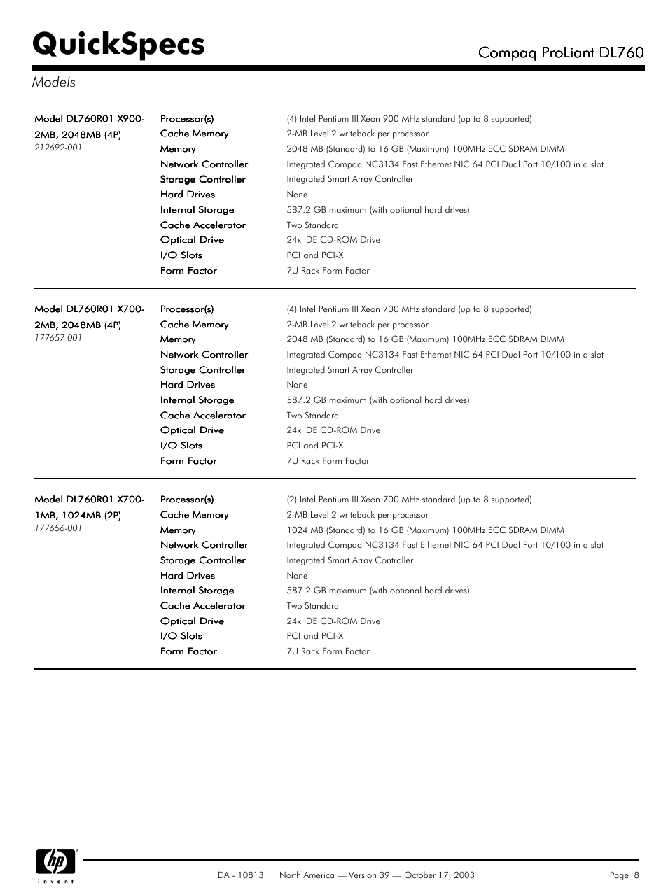 Models, Quickspecs, Compaq proliant dl760 | Compaq proliant dl760 models | HP Compaq ProLiant DL760 User Manual | Page 8 / 38