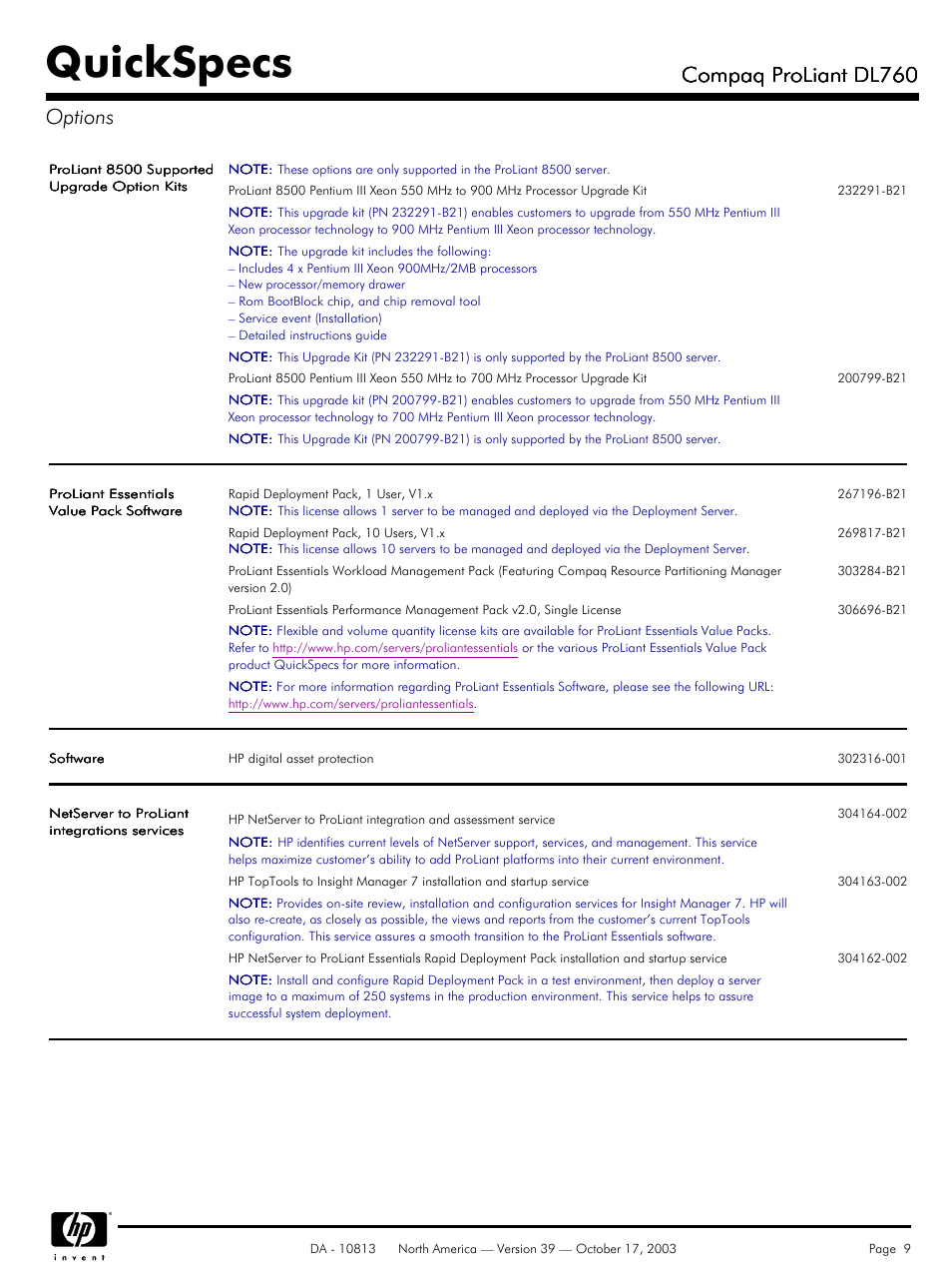 Options, Quickspecs, Compaq proliant dl760 | Compaq proliant dl760 options | HP Compaq ProLiant DL760 User Manual | Page 9 / 38