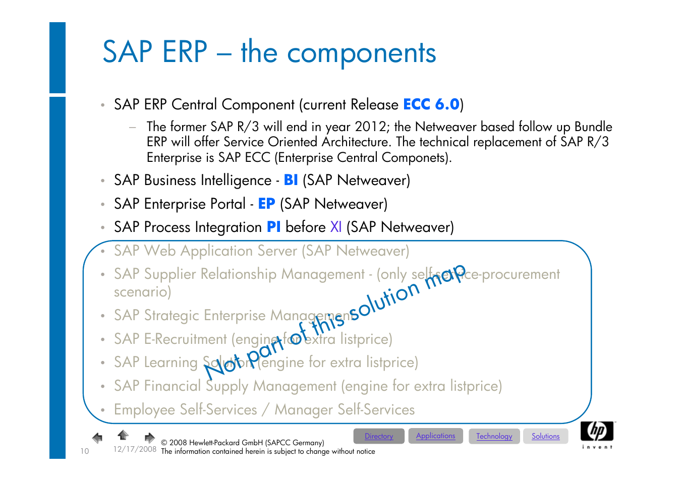 Foliennummer 10, Definition of sap erp & sap business suite, Sap erp – the components | Not part of th is so lutio n ma p | HP ProLiant 585G5 User Manual | Page 10 / 49