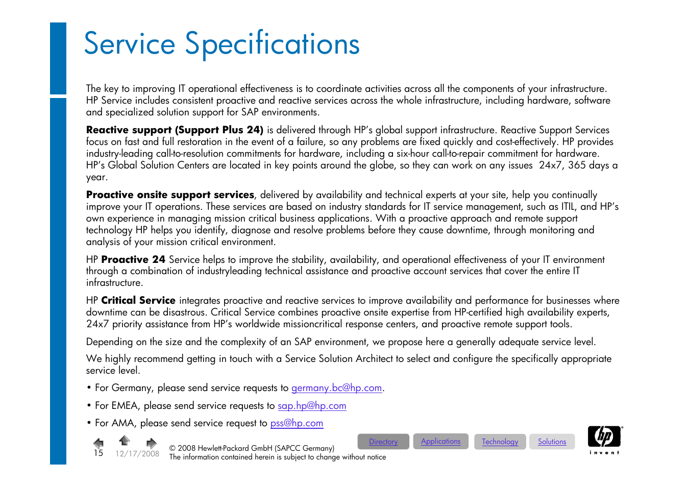 Foliennummer 15, Service specifications, Categories | Sap ecc 6.0 & crm 2007 | HP ProLiant 585G5 User Manual | Page 15 / 49