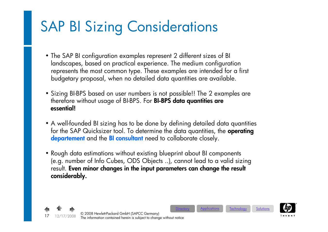 Sap bi sizing considerations, Sap business intelligence, Bi 7.0 | HP ProLiant 585G5 User Manual | Page 17 / 49