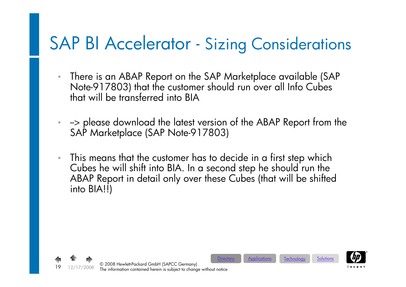 Sap bi accelerator - sizing considerations, Sap bi -accelerator, Sap bi accelerator | Sizing considerations | HP ProLiant 585G5 User Manual | Page 19 / 49