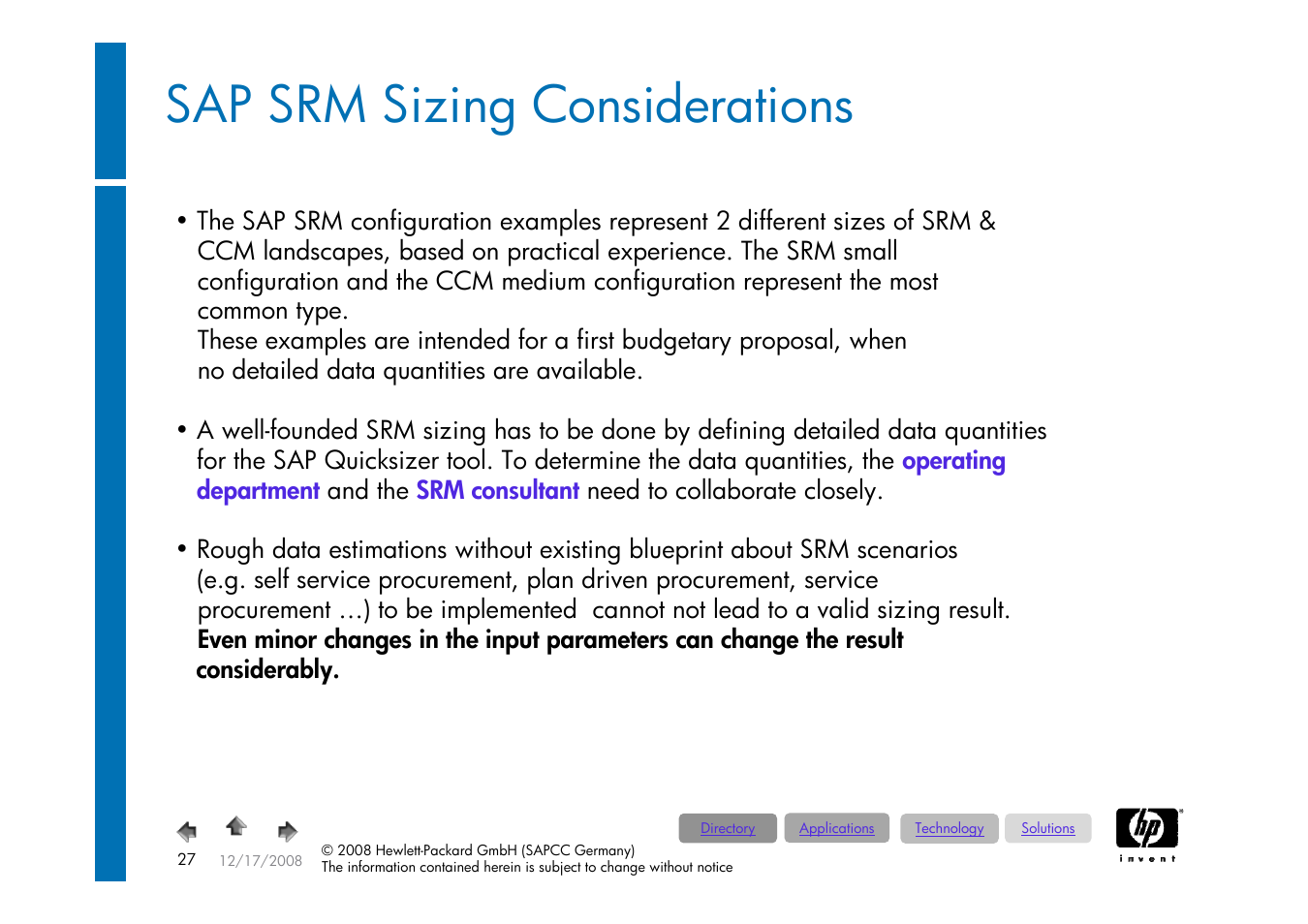Foliennummer 27, Sap supplier, Relationship | Management / srm 5.0, Sap srm sizing considerations | HP ProLiant 585G5 User Manual | Page 27 / 49
