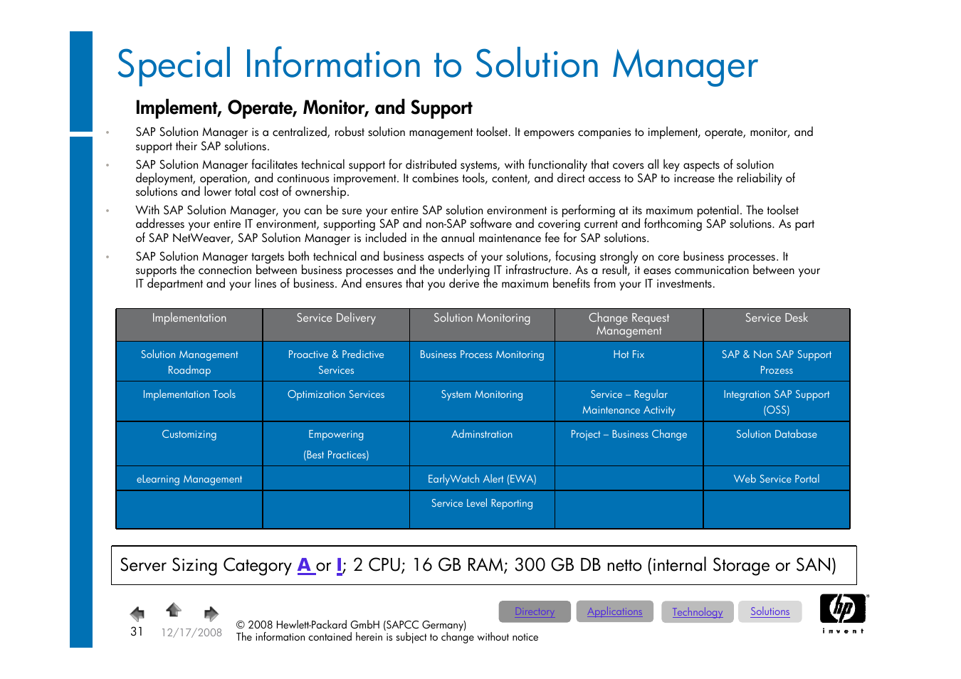 Special information to solution manager, Solution manager, Implement, operate, monitor, and support | HP ProLiant 585G5 User Manual | Page 31 / 49