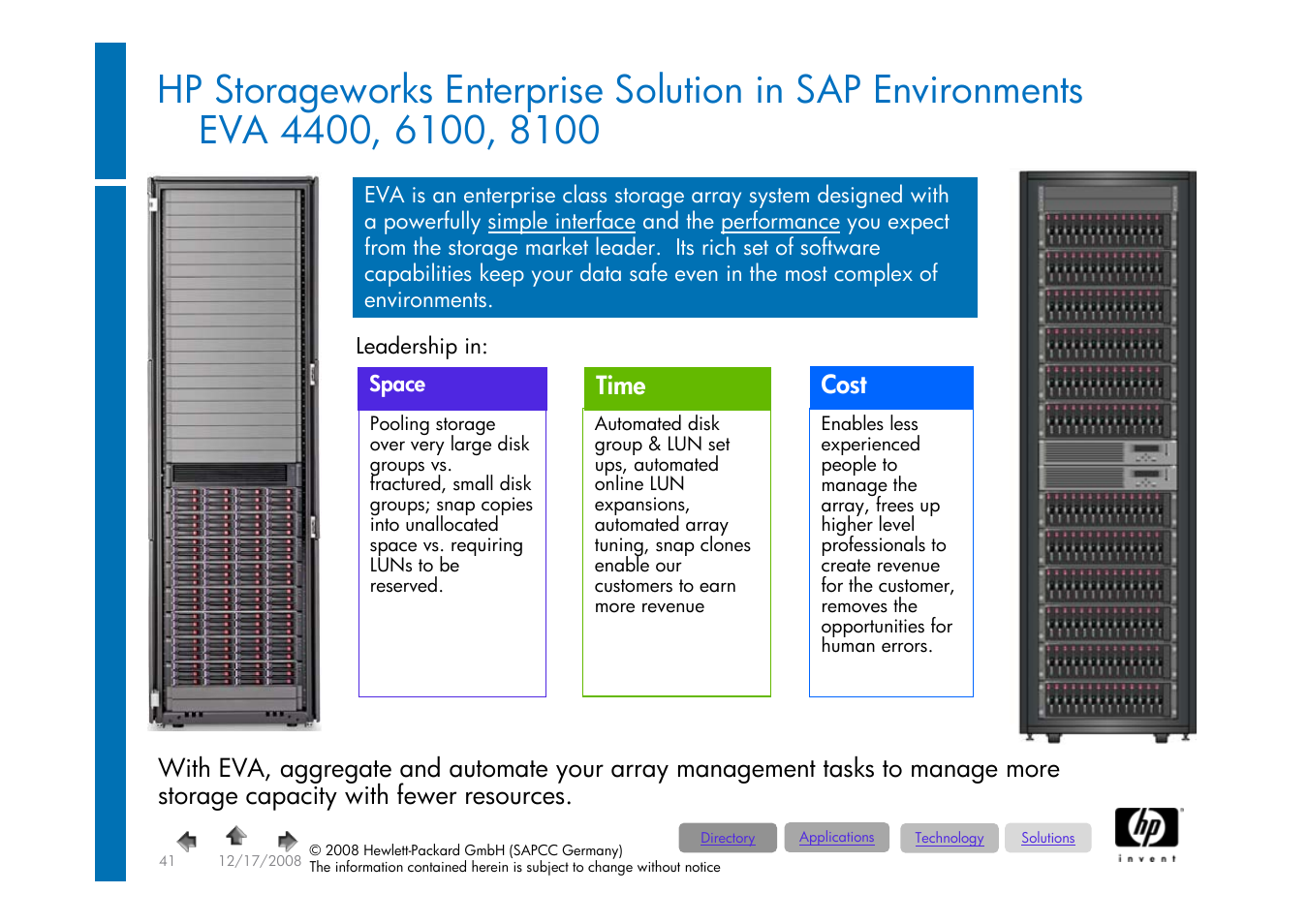 Storageworks, Enterprise solution (eva 4400, 6100, 8100), Time cost | HP ProLiant 585G5 User Manual | Page 41 / 49