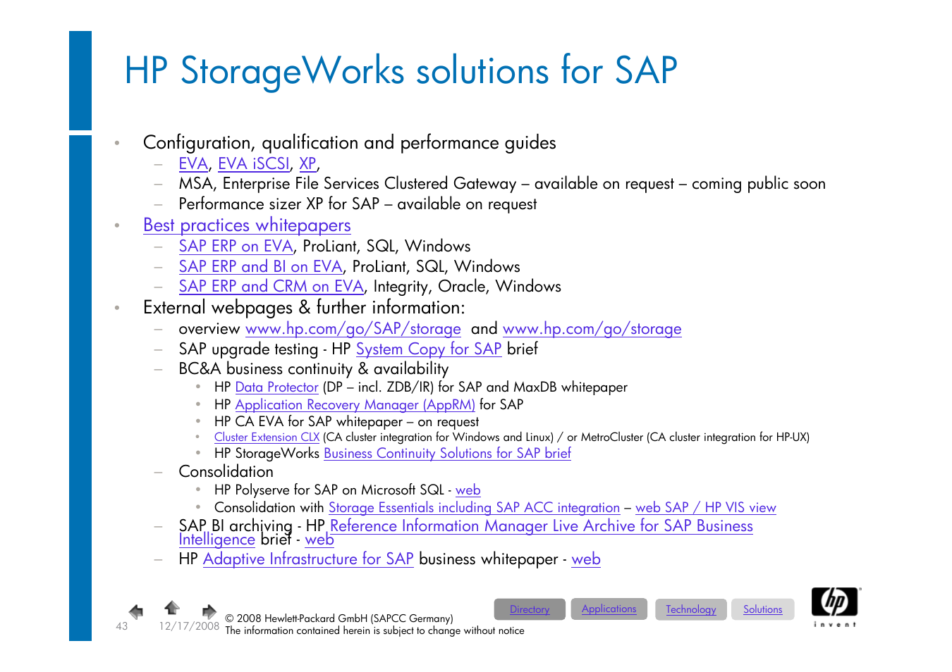 Hp storageworks solutions for sap, Hp storage & backup solutions for, Business | Continuity, Availability, Erp cluster, Scenario, Mirrored, Data, Centers | HP ProLiant 585G5 User Manual | Page 43 / 49