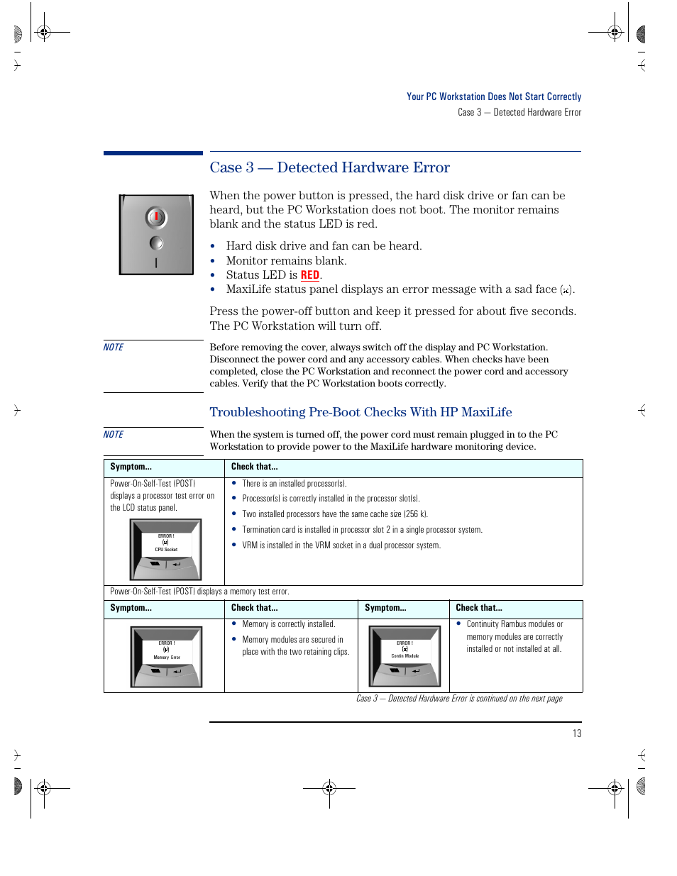 Case 3 — detected hardware error, Troubleshooting pre-boot checks with hp maxilife | HP KAYAK XU800 User Manual | Page 13 / 52
