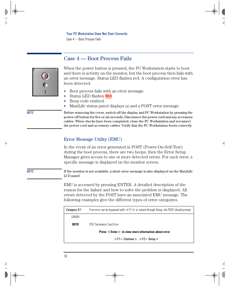 Case 4 — boot process fails, Error message utility (emu) | HP KAYAK XU800 User Manual | Page 16 / 52