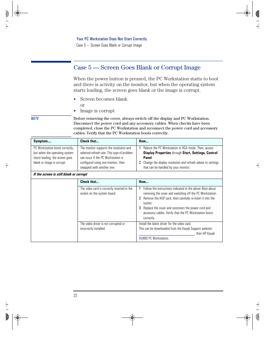 Case 5 — screen goes blank or corrupt image | HP KAYAK XU800 User Manual | Page 22 / 52