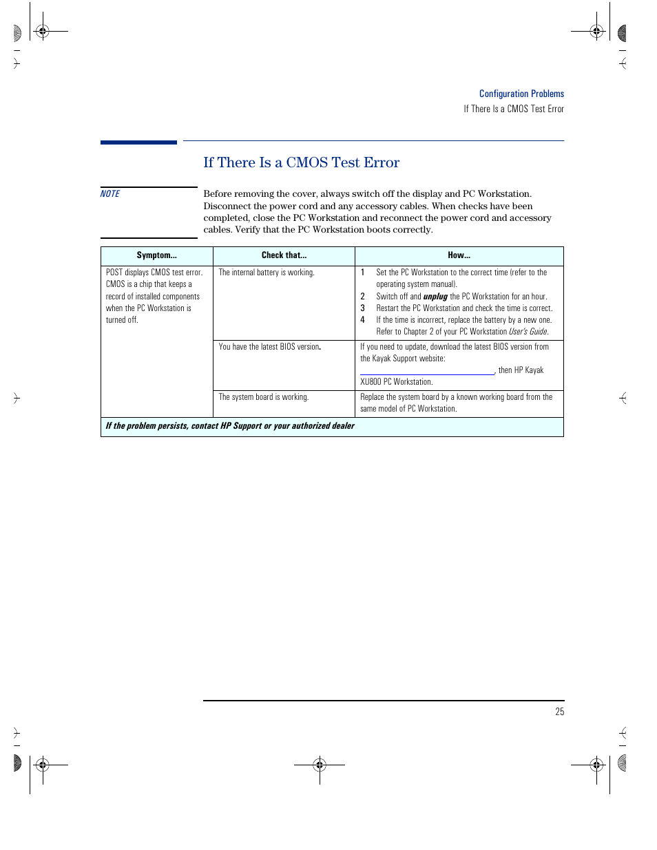 If there is a cmos test error | HP KAYAK XU800 User Manual | Page 25 / 52