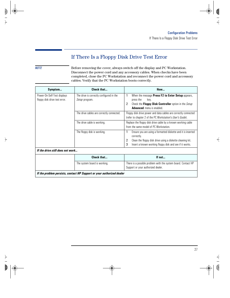 If there is a floppy disk drive test error | HP KAYAK XU800 User Manual | Page 27 / 52