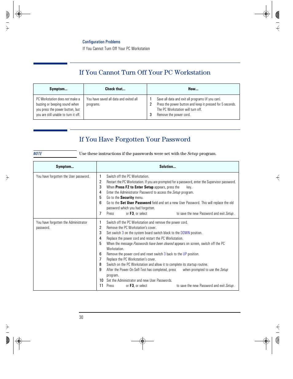 If you cannot turn off your pc workstation, If you have forgotten your password | HP KAYAK XU800 User Manual | Page 30 / 52