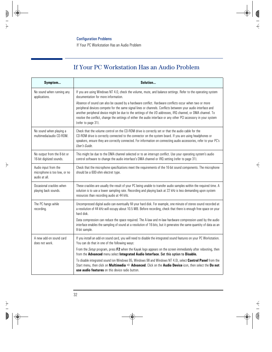 If your pc workstation has an audio problem | HP KAYAK XU800 User Manual | Page 32 / 52