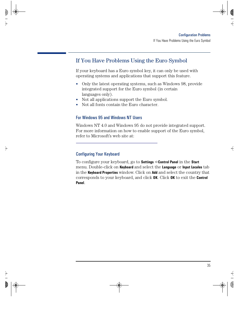 If you have problems using the euro symbol, For windows 95 and windows nt users, Configuring your keyboard | HP KAYAK XU800 User Manual | Page 35 / 52