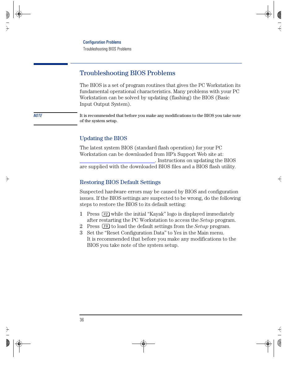 Troubleshooting bios problems, Updating the bios, Restoring bios default settings | HP KAYAK XU800 User Manual | Page 36 / 52