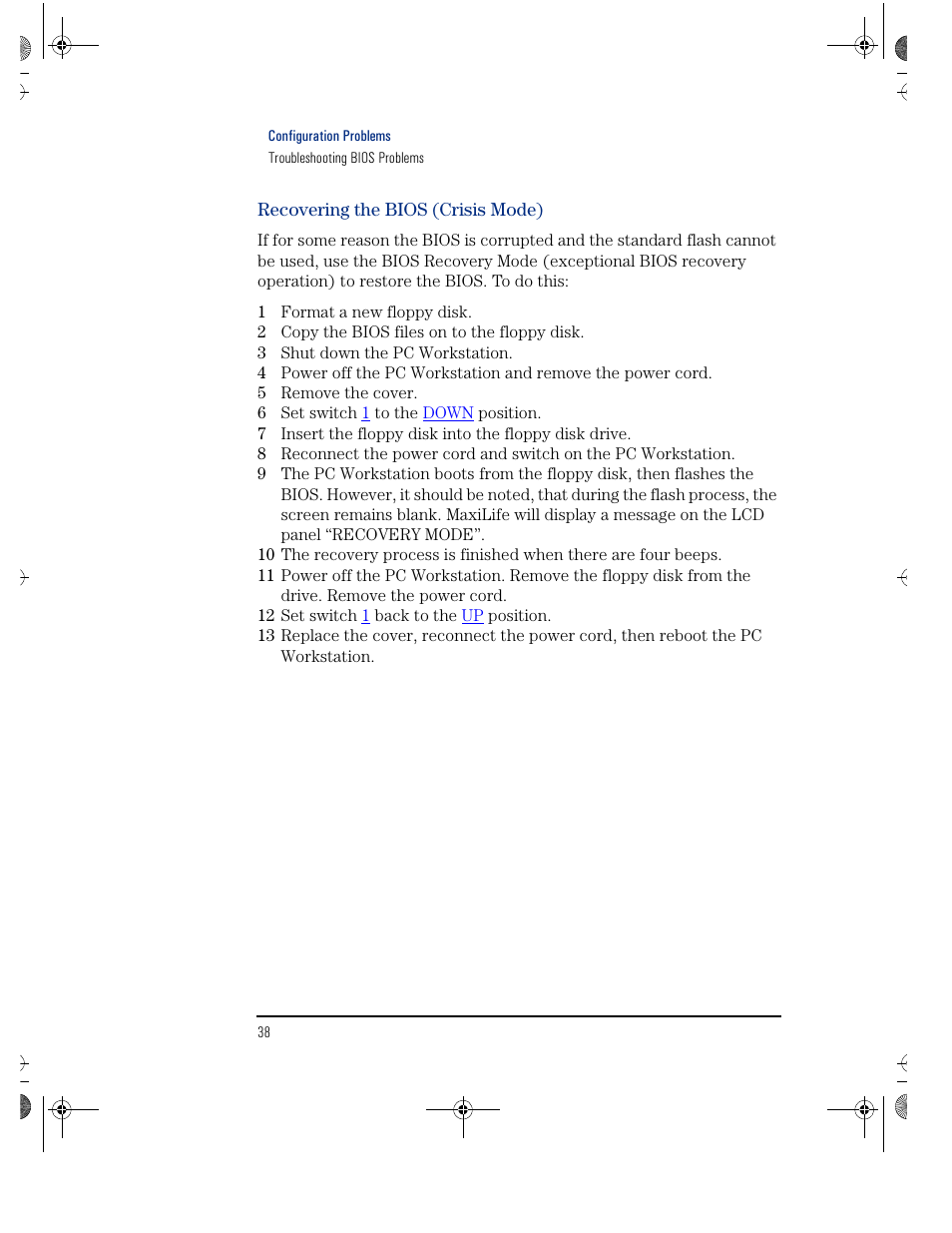 Recovering the bios (crisis mode) | HP KAYAK XU800 User Manual | Page 38 / 52