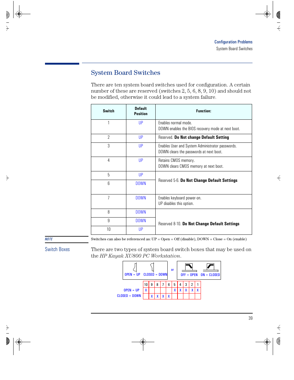 System board switches, Switch boxes | HP KAYAK XU800 User Manual | Page 39 / 52