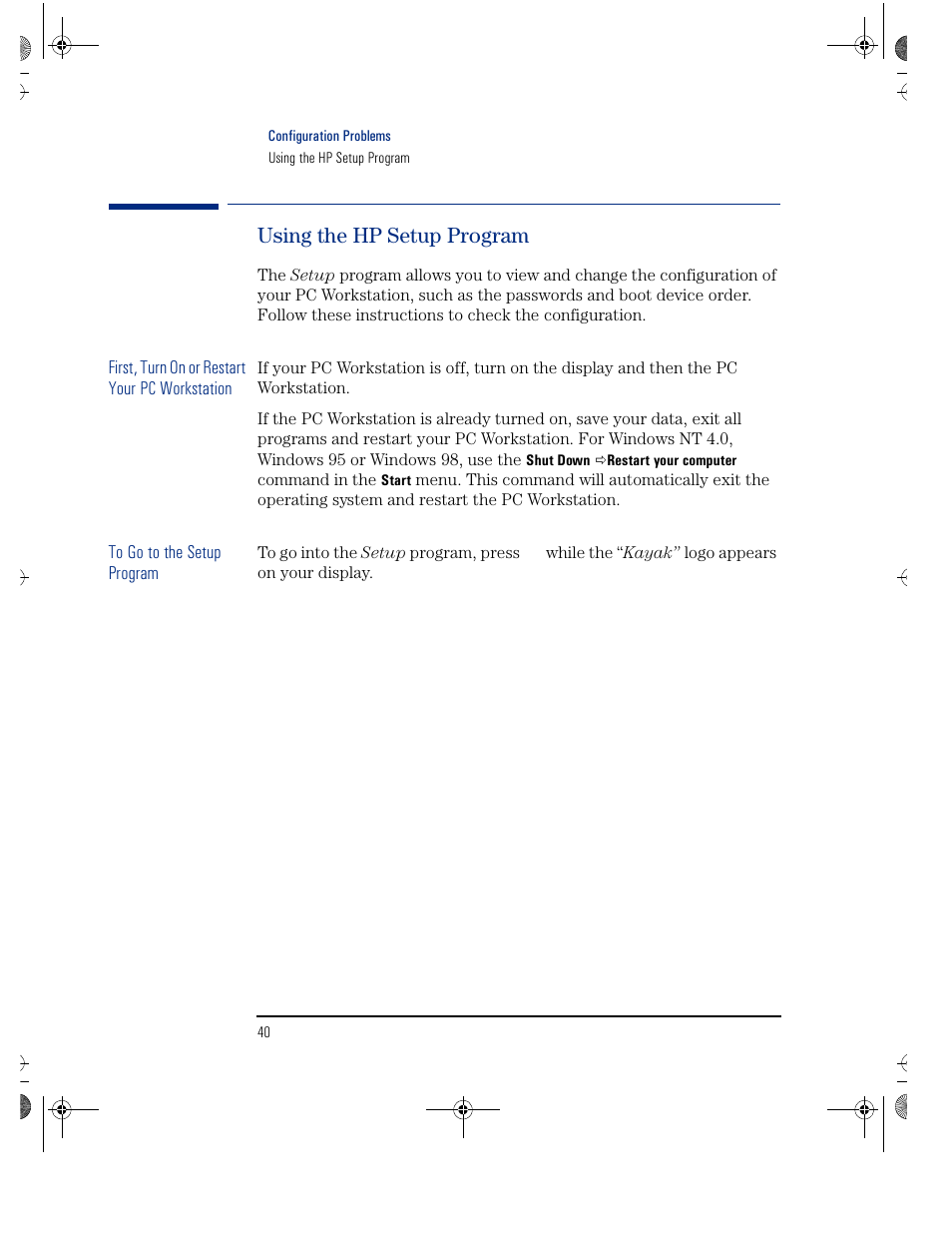 Using the hp setup program | HP KAYAK XU800 User Manual | Page 40 / 52