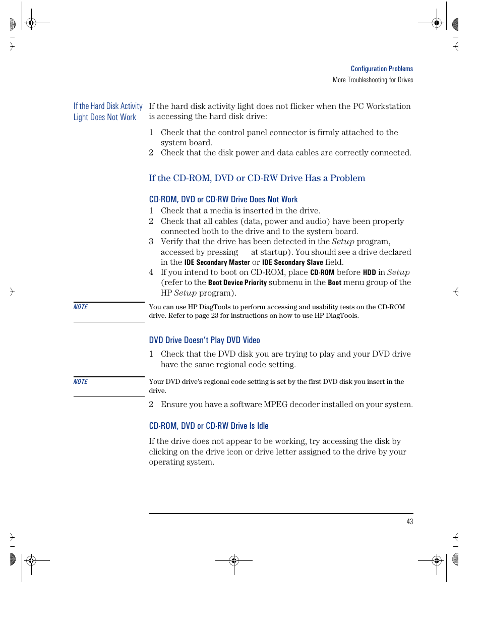 If the cd-rom, dvd or cd-rw drive has a problem, Cd-rom, dvd or cd-rw drive does not work, Dvd drive doesn’t play dvd video | Cd-rom, dvd or cd-rw drive is idle | HP KAYAK XU800 User Manual | Page 43 / 52