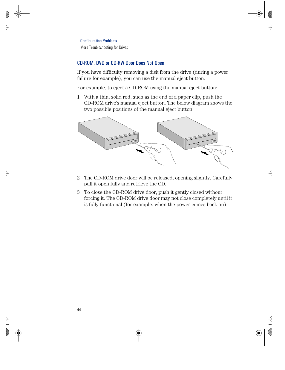 Cd-rom, dvd or cd-rw door does not open | HP KAYAK XU800 User Manual | Page 44 / 52