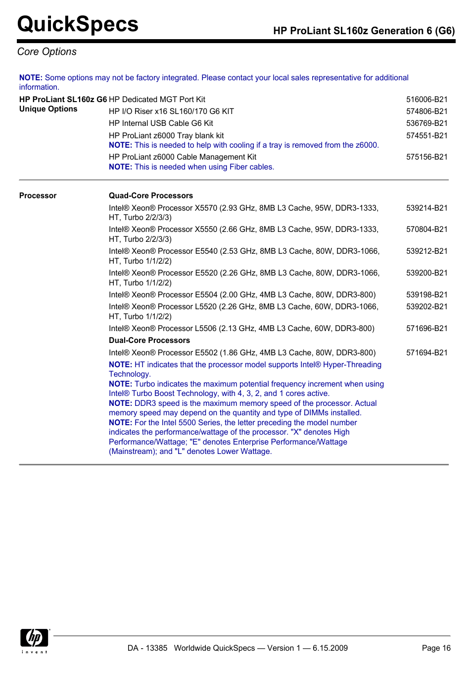 Core options, Quickspecs | HP SL160Z User Manual | Page 16 / 33