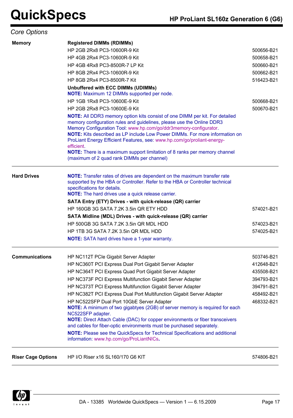 Quickspecs | HP SL160Z User Manual | Page 17 / 33