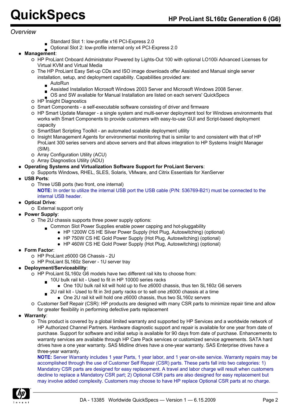 Quickspecs | HP SL160Z User Manual | Page 2 / 33