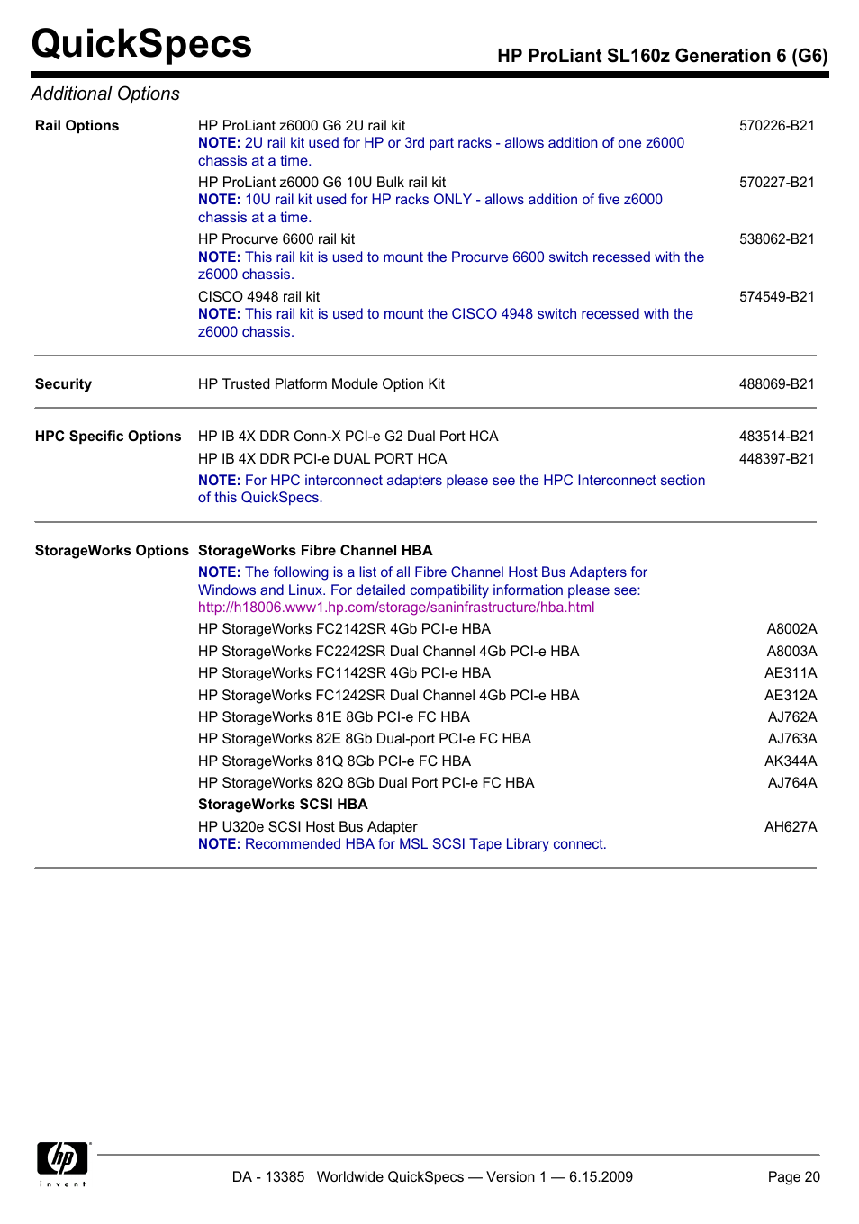 Quickspecs | HP SL160Z User Manual | Page 20 / 33