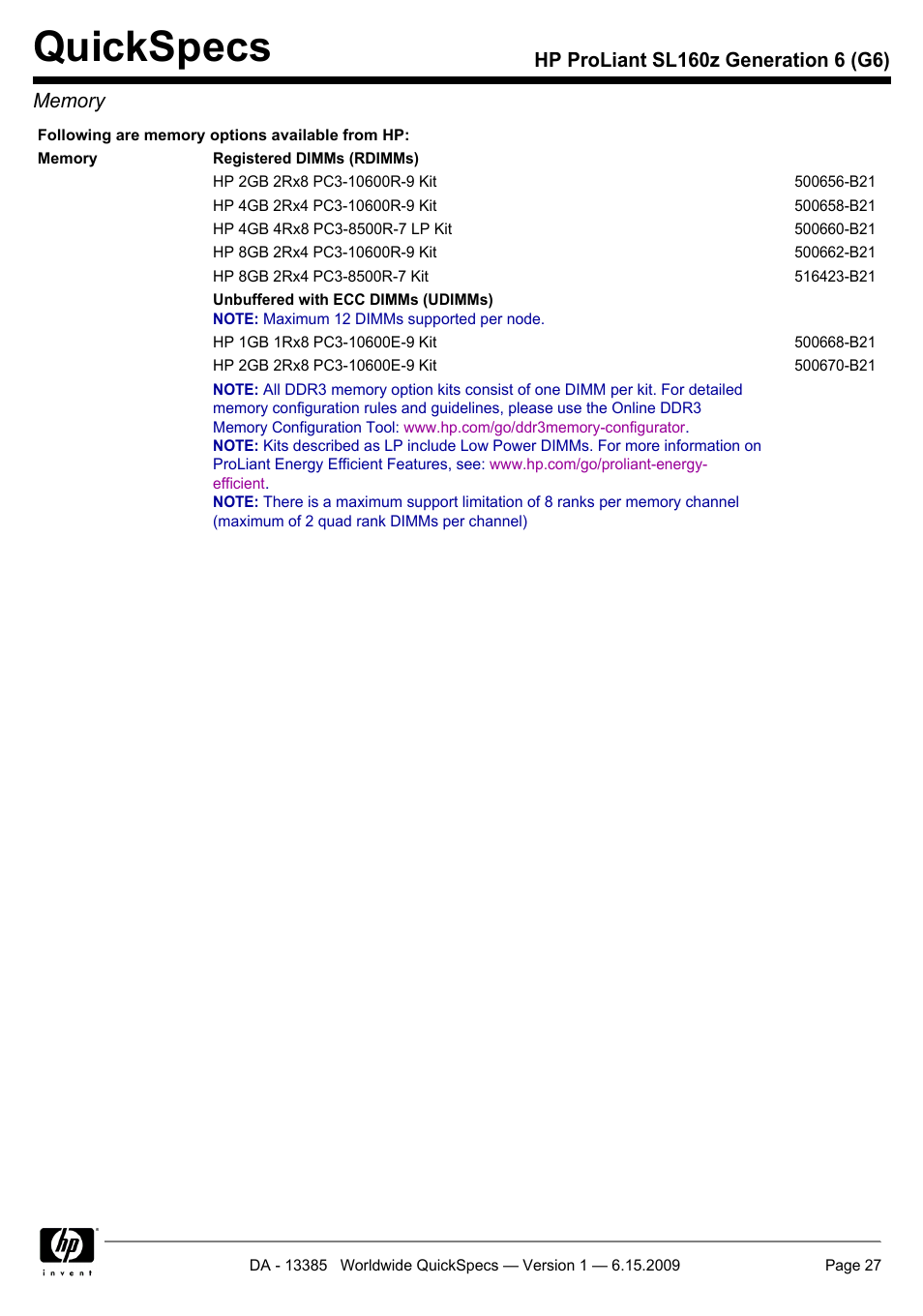 Quickspecs | HP SL160Z User Manual | Page 27 / 33